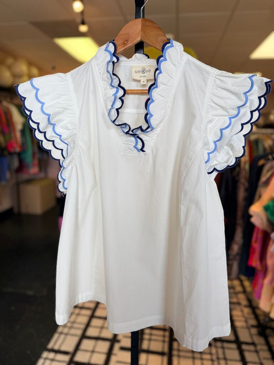 Umgee - SS White Top w. Ric Rac Ruffle Detail