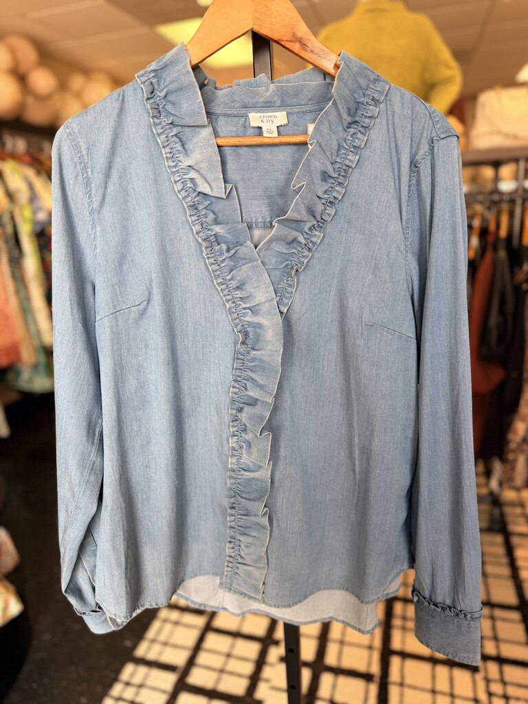 Crown & Ivy - Chambray Ruffle Top LS