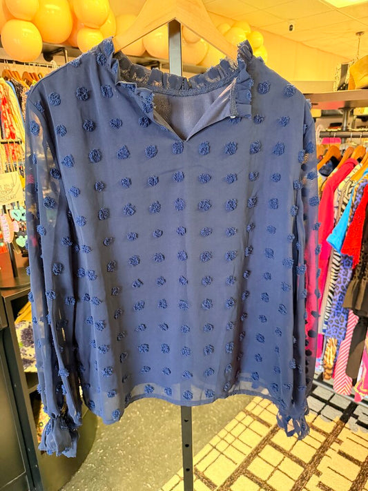 She+Sky - LS Swiss Dot Chiffon Ruffle-Neck Blouse in Navy