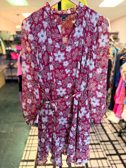 Ann Taylor- Floral Ruffle Neck Dress w Belt