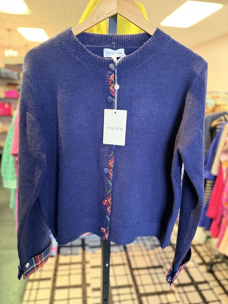 Entro - NWT Navy Button-Down Sweater w/ Plaid Trim