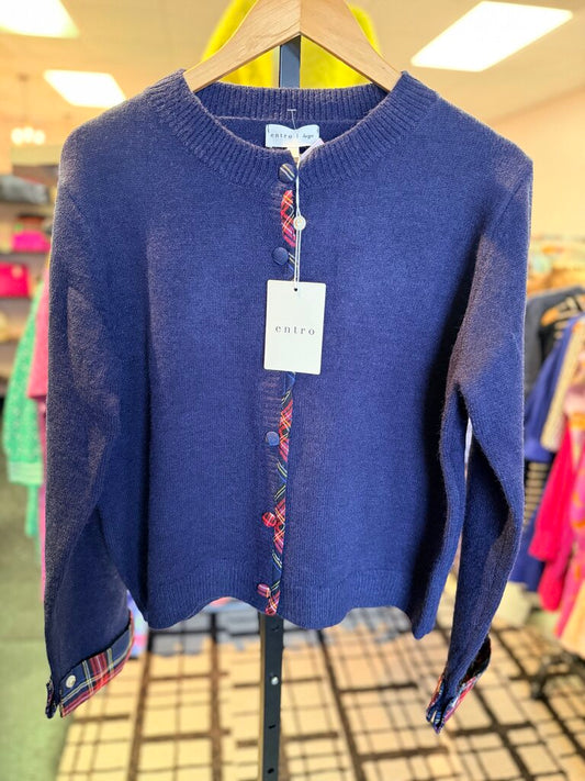 Entro - NWT Navy Button-Down Sweater w/ Plaid Trim