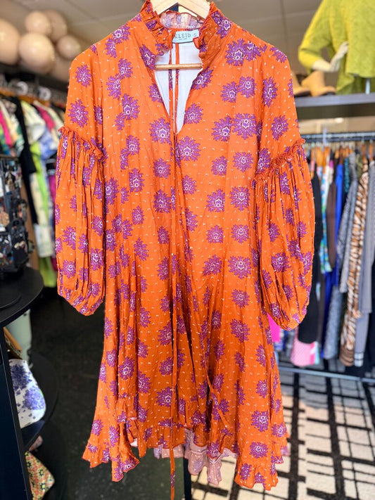 Kleid - Block Print Sundress w. Bishop Sleeves - Orange