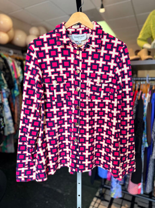 Elizabeth McKay- LS Ponte Knit Button Down w. Geometric Pattern