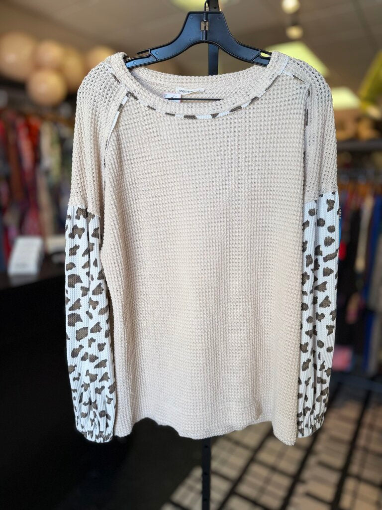 andthewhy- LS Waffle Top w. Cheetah Print Sleeve