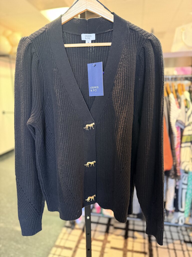 Crown & Ivy NWT - Black Cardigan w. Cheetah Buttons - Black