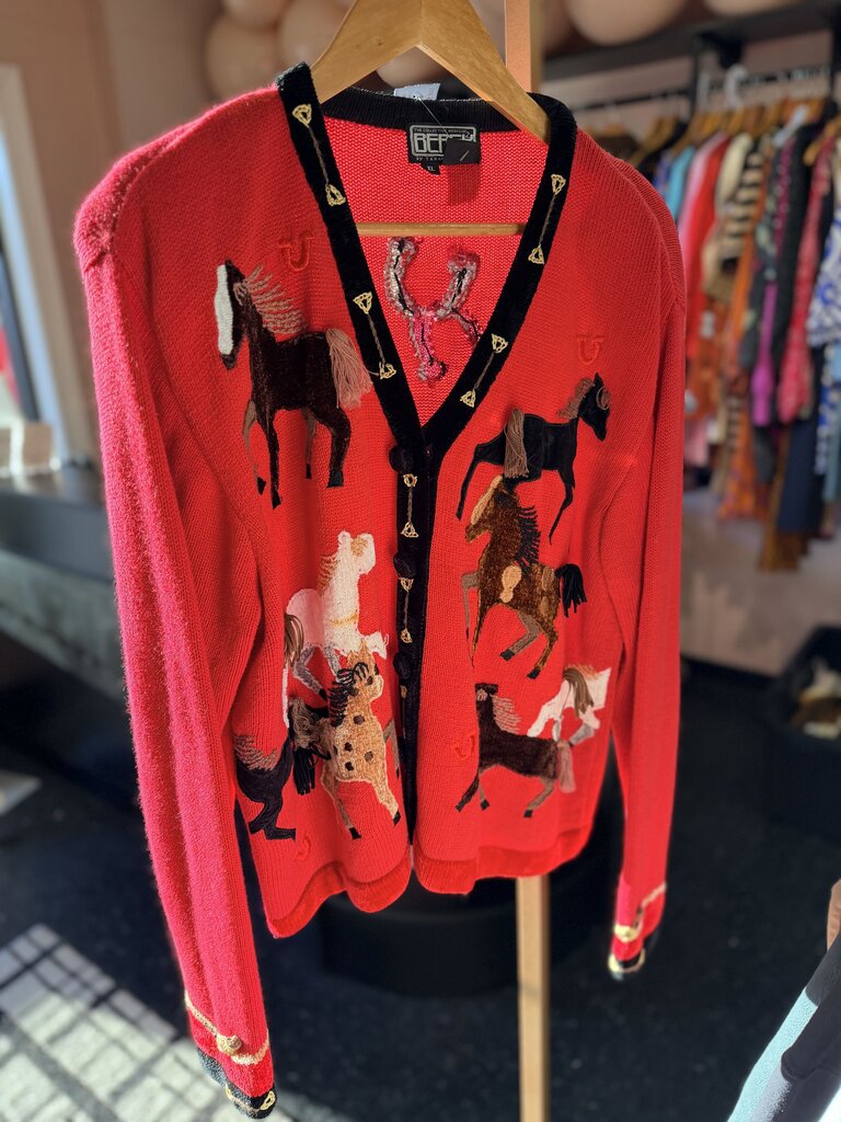 VTG RARE Berek - Button-Front Cardigan w/ Embroidered Horse Appliques