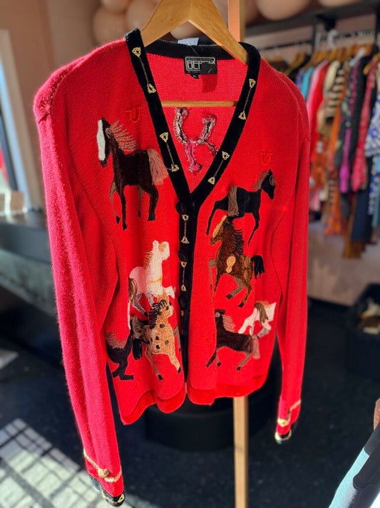 VTG RARE Berek - Button-Front Cardigan w/ Embroidered Horse Appliques