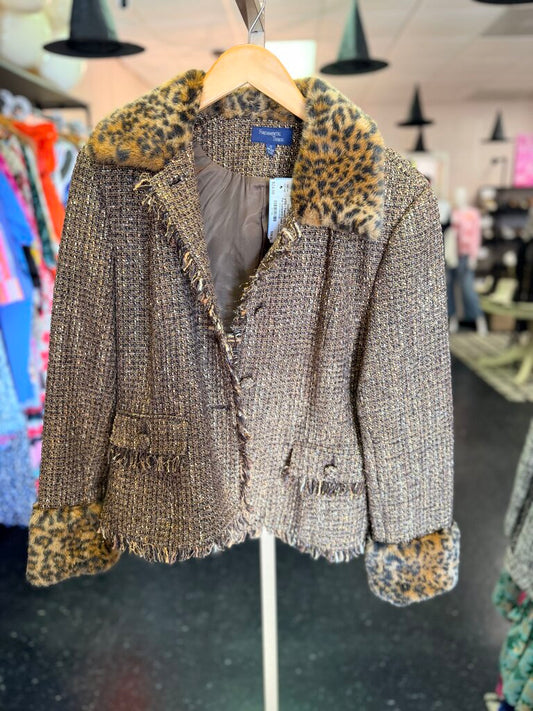 VTG - Tweed Blazer w/ Faux Fur Leopard Collar
