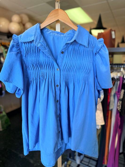 Entro - Button Down Top w. Pintuck Detail - Blue