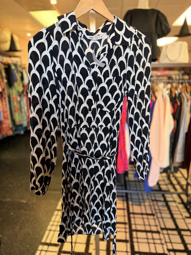 Zara - LS Scalloped Print Shirt Dress - Black/White