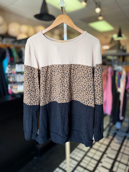 BE Stage - Colorblock Leopard Print Sweater