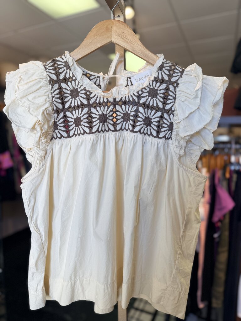 Love the Label - Embroidered Flutter Sleeve Top - Cream Cloud