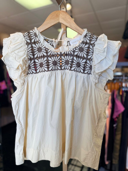 Love the Label - Embroidered Flutter Sleeve Top - Cream Cloud