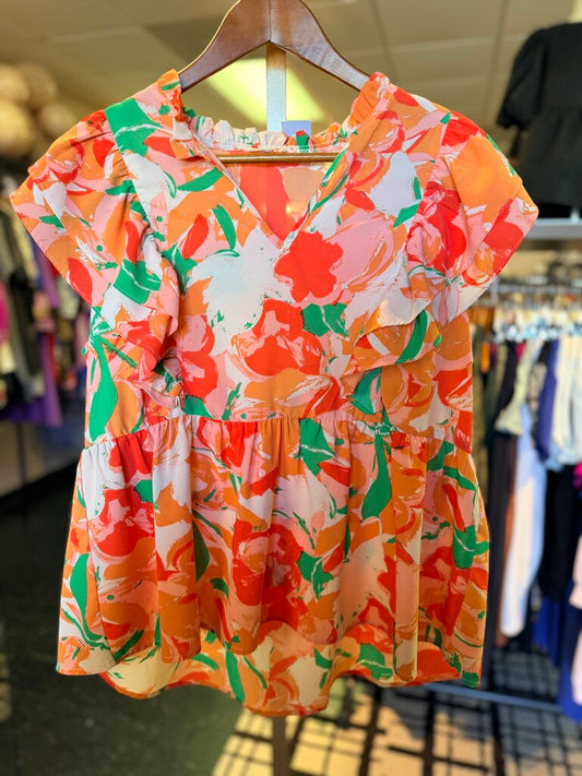 Jodifl - Flutter Cap Sleeve Floral Blouse