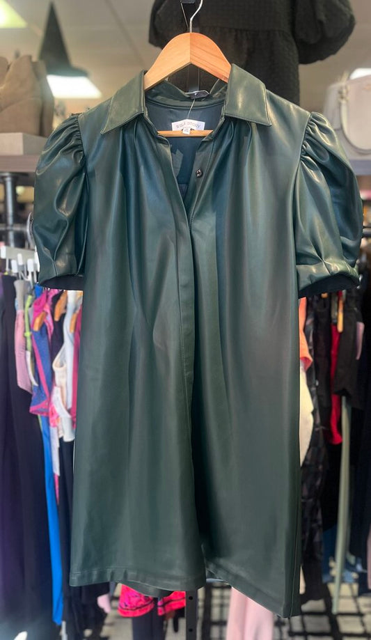 Willa Story - Vegan Leather Puff Sleeve Mini Dress - Spruce