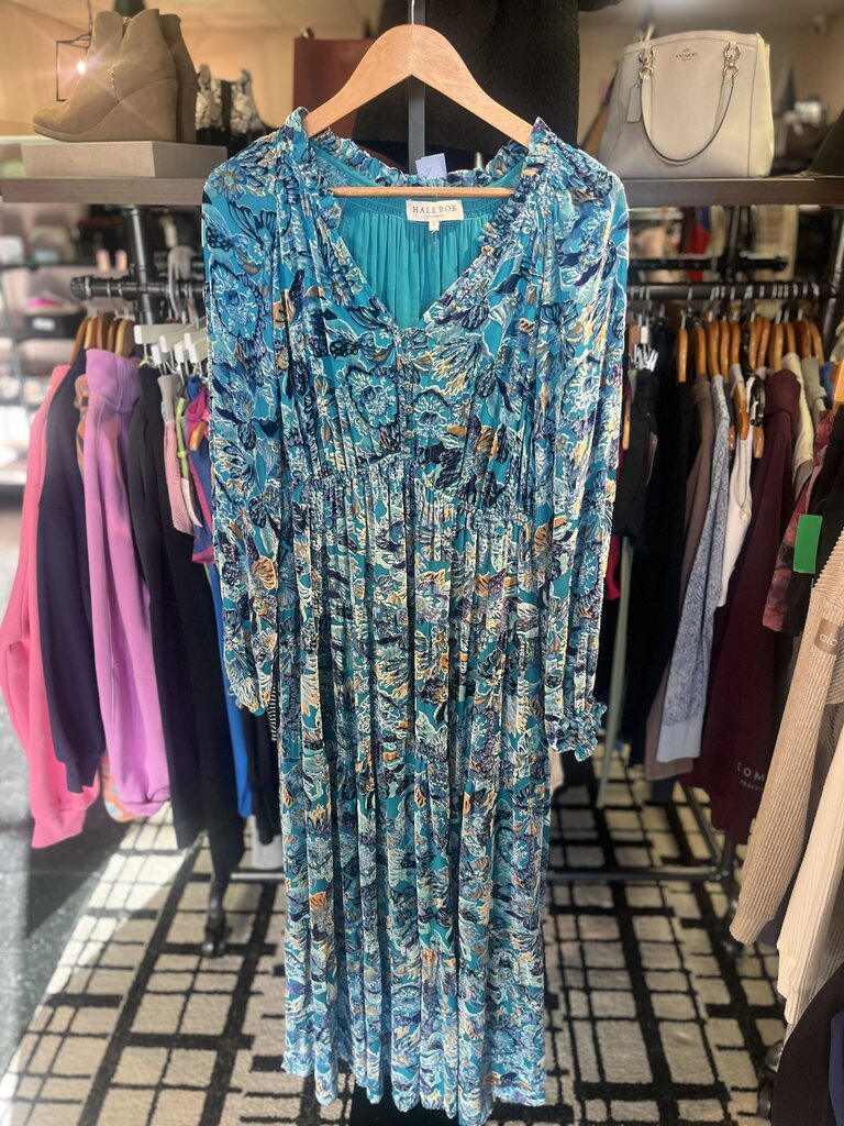 Halebob - LS Floral Velvet Embellished Maxi Dress - Teal