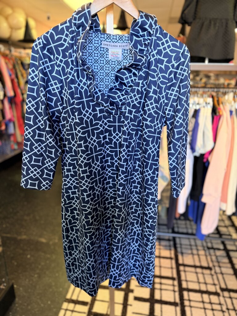 Gretchen Scott - 3/4 Sleeve Geometric Print Tunic Dress - Blue