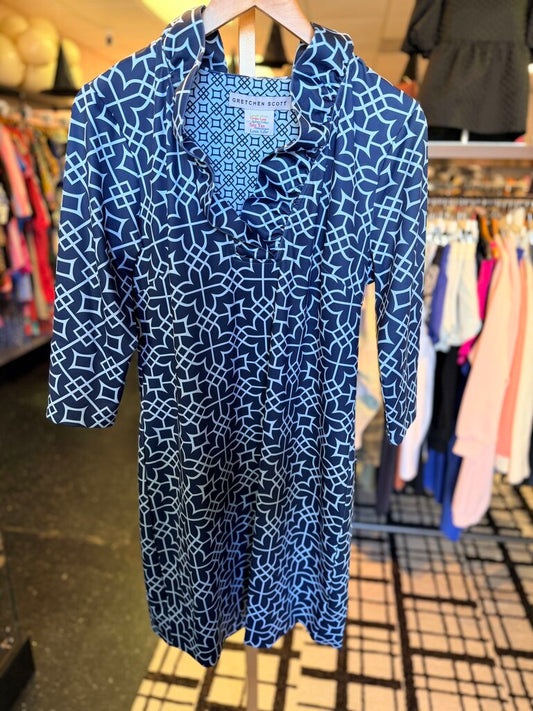 Gretchen Scott - 3/4 Sleeve Geometric Print Tunic Dress - Blue