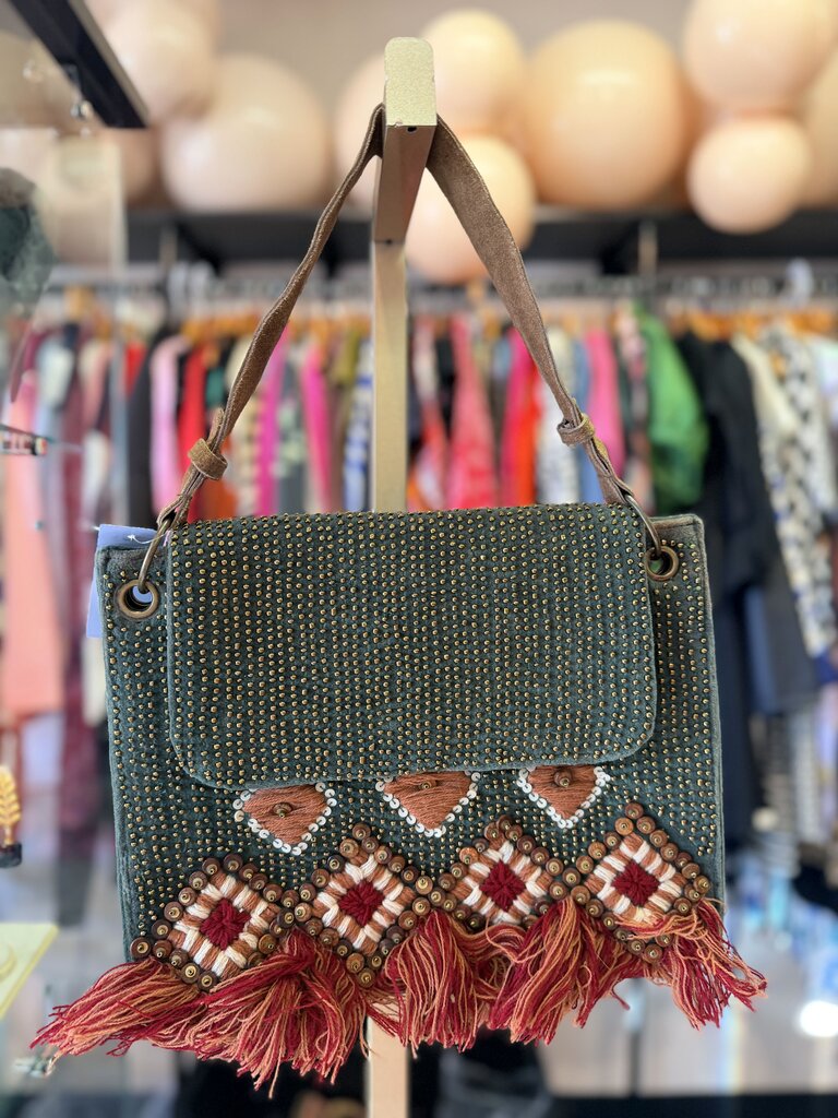 America & Beyond - Velvet Beaded Handbag - Green