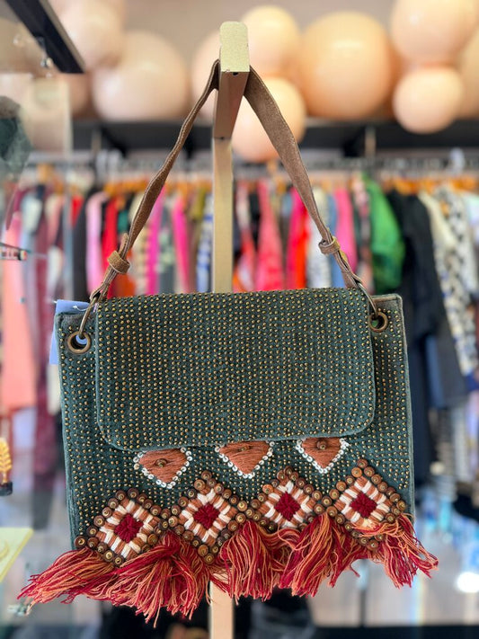 America & Beyond - Velvet Beaded Handbag - Green