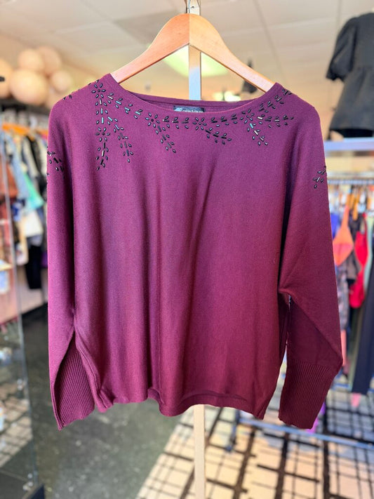 Cable & Gauge - Embellished LS Blouse - Burgundy