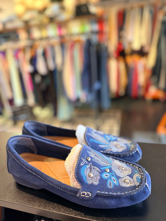 Baretraps-Otella Suede Floral Embroidered Loafers - Navy