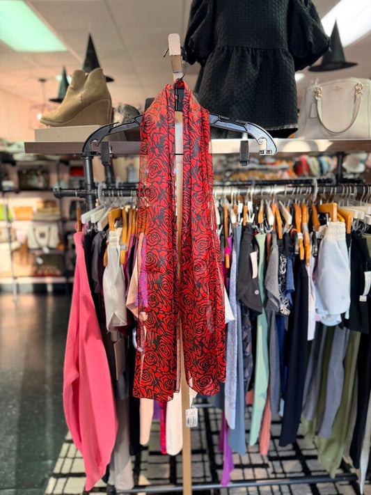 Floral Print Silky Scarf - Red